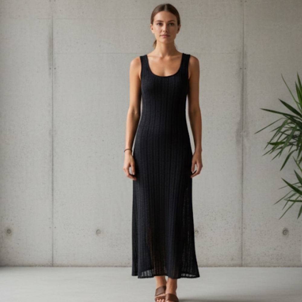 NAADAM Cashmere Silk Sleeveless Pointelle-Knit Midi Tank Dress Black Size Small